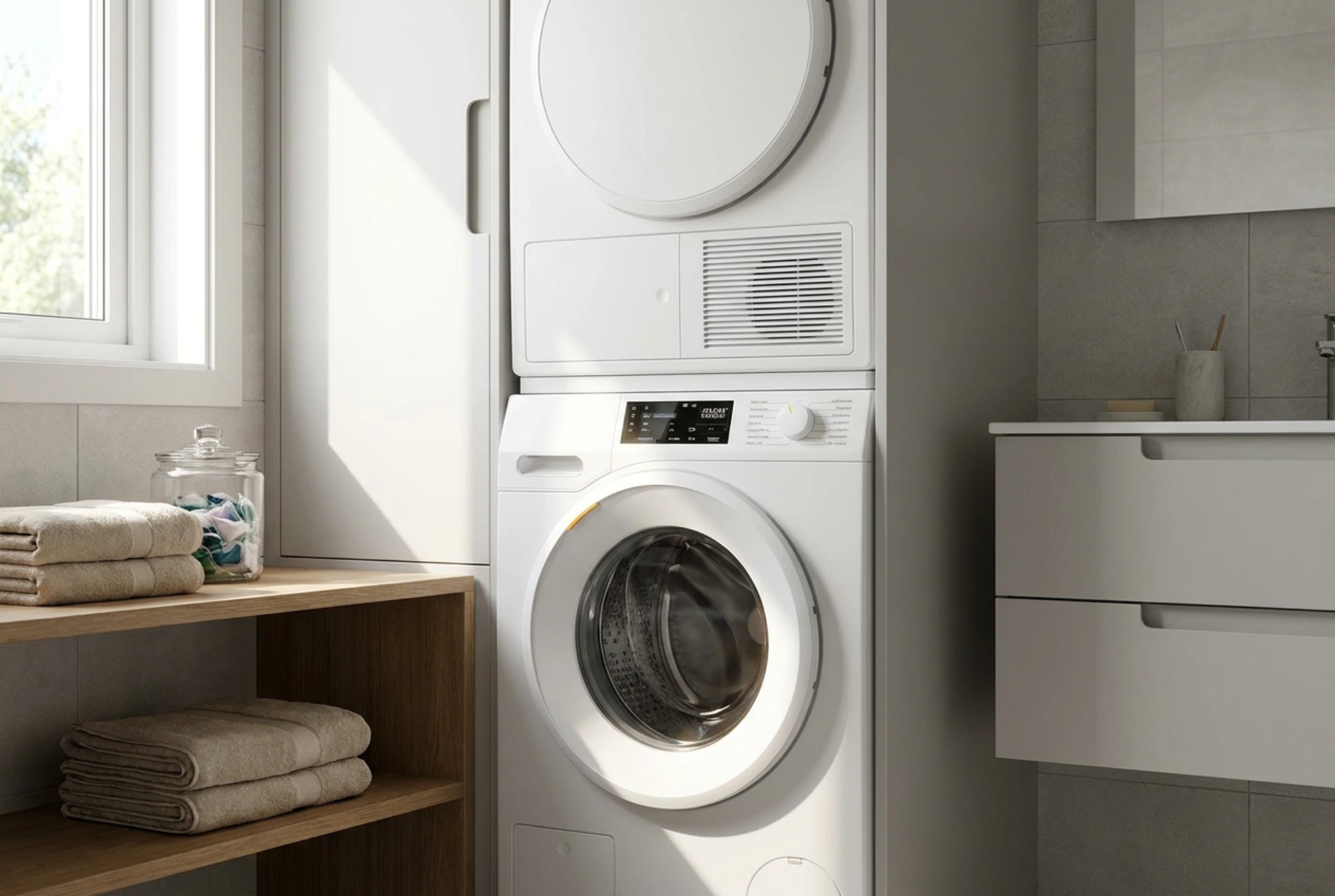 Wasmachine- en droger-tussenstuk voor een stabiele waszuil in de badkamer