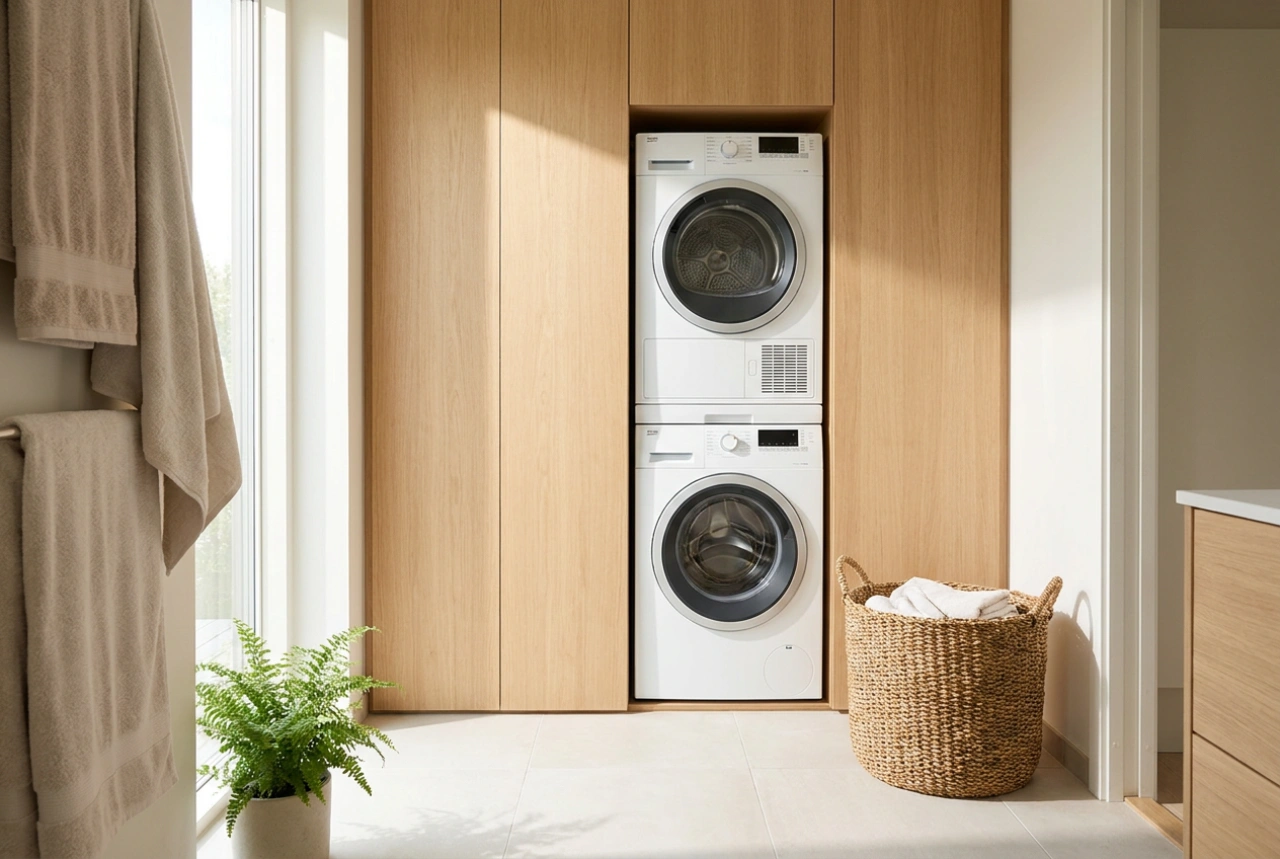 Wasmachine en droger efficiënt plaatsen in een kleine badkamer