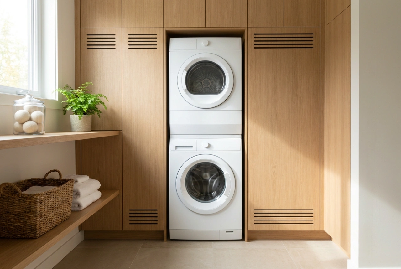 Wasmachine en droger stapelen in een kast met optimale ventilatie