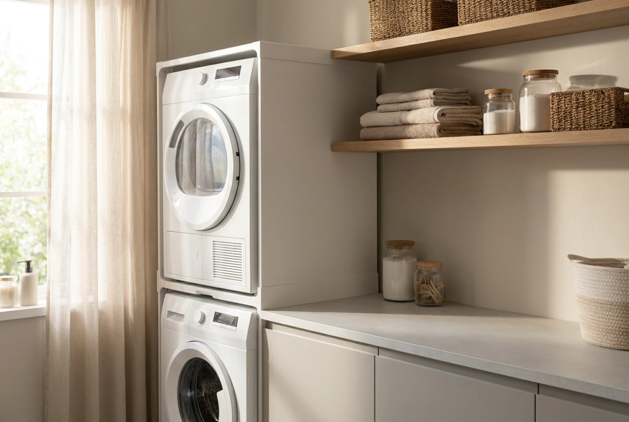 Wasmachine en droger tussenstuk voor een veilige waszuil in de bijkeuken