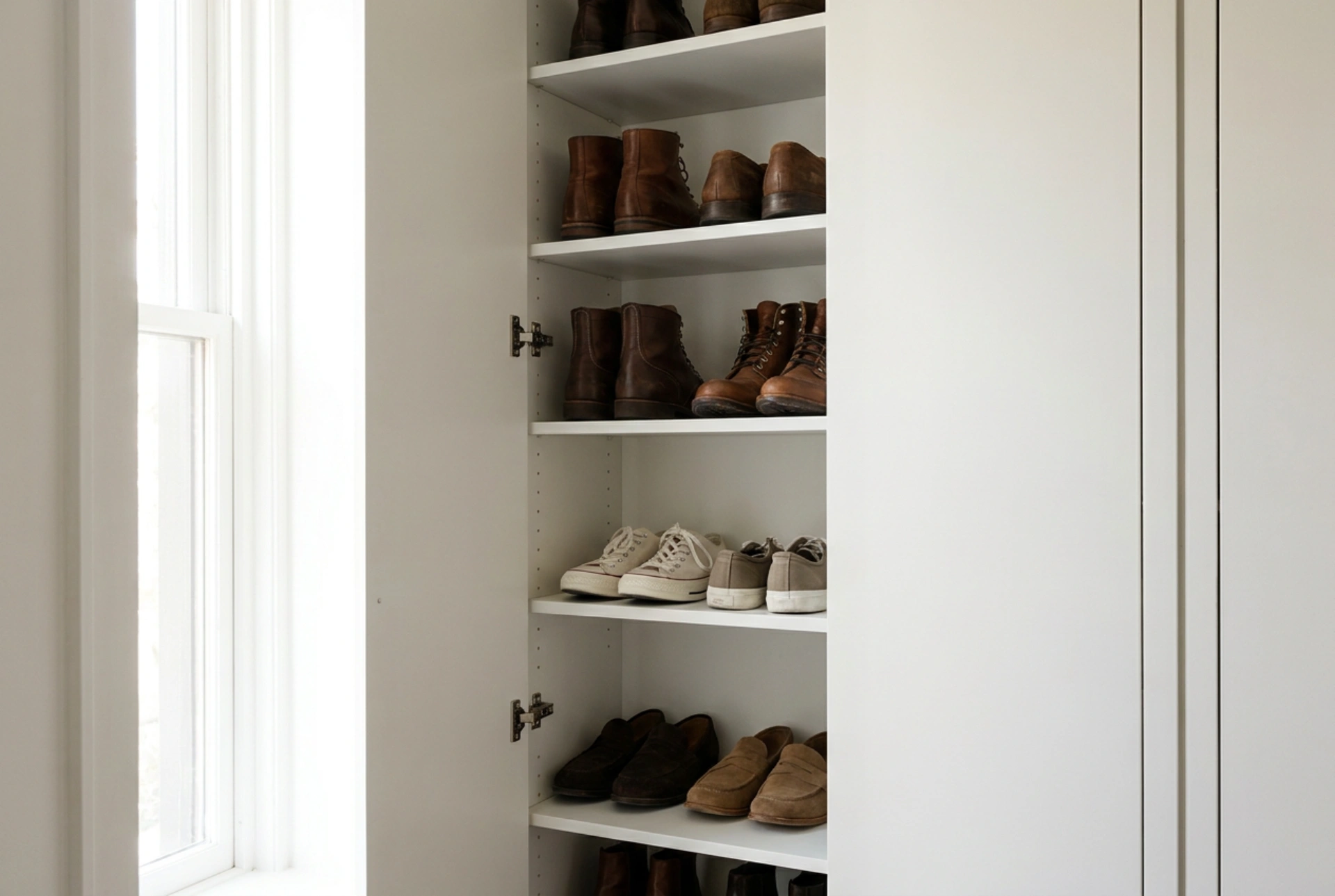 Schoenen efficiënt ordenen in een smalle, hoge kast
