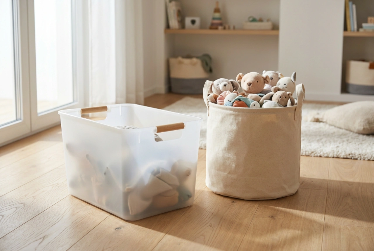 Plastic speelgoedboxen en een eenvoudig opruimsysteem voor kinderen