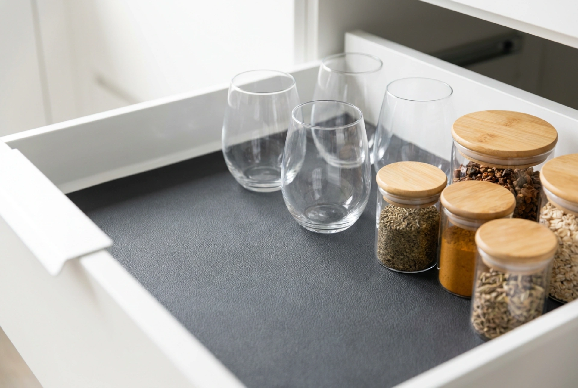 Hoe een antislipmat in keukenkasten glaswerk en voorraden stabiliseert