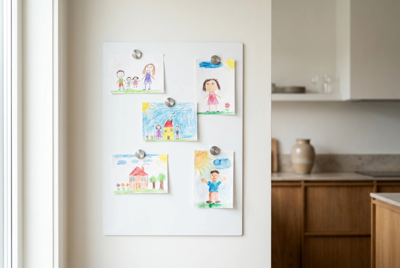 Kindertekeningen organiseren op een magneetbord