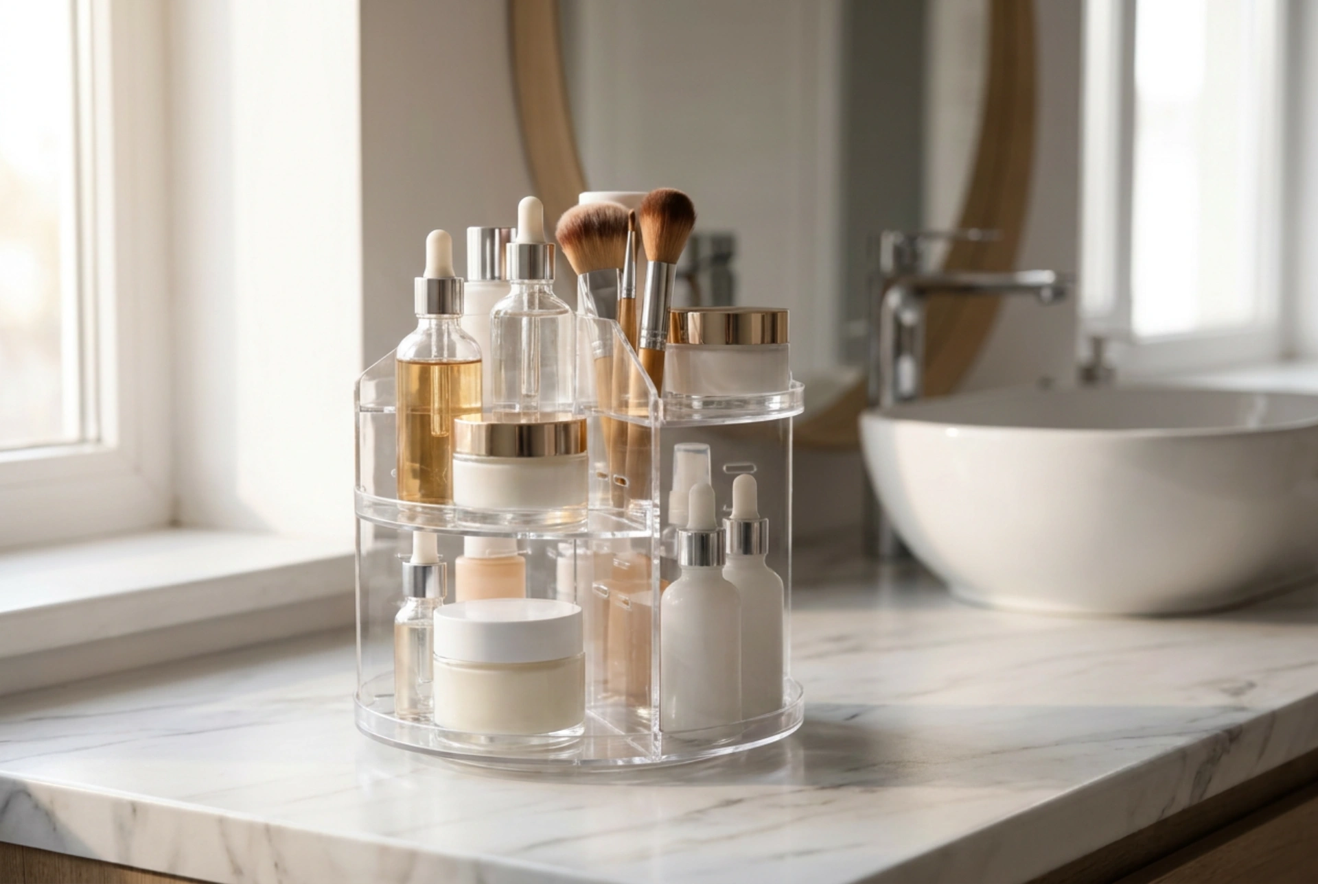 Roterende cosmetica-organizer voor snelle toegang zonder chaos