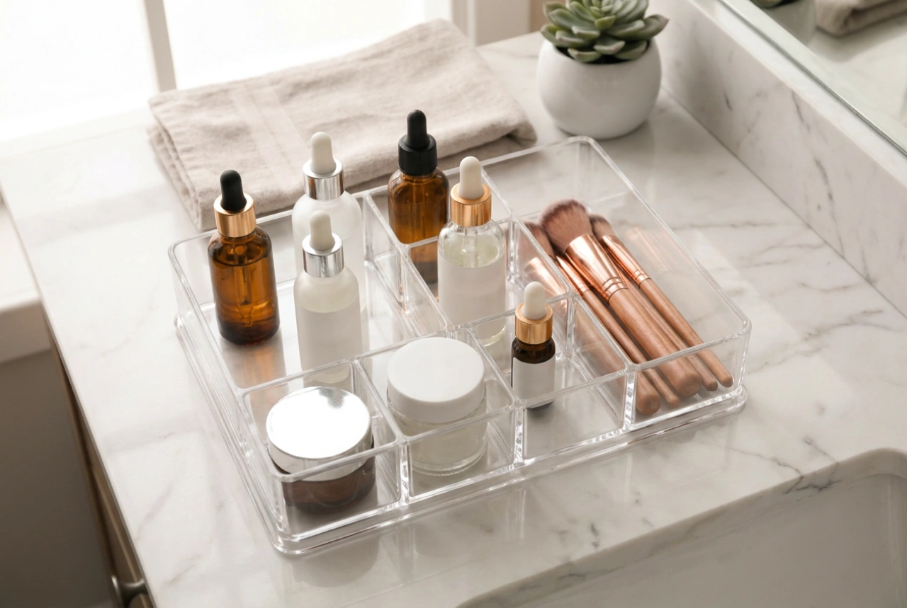 Cosmetica efficiënt organiseren in een organizer met spiegel