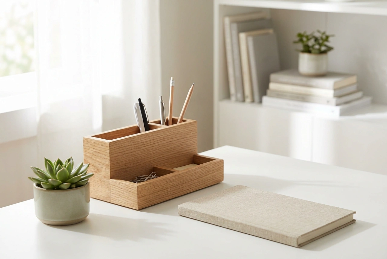 Een houten bureau-organizer voor een georganiseerde thuiswerkplek