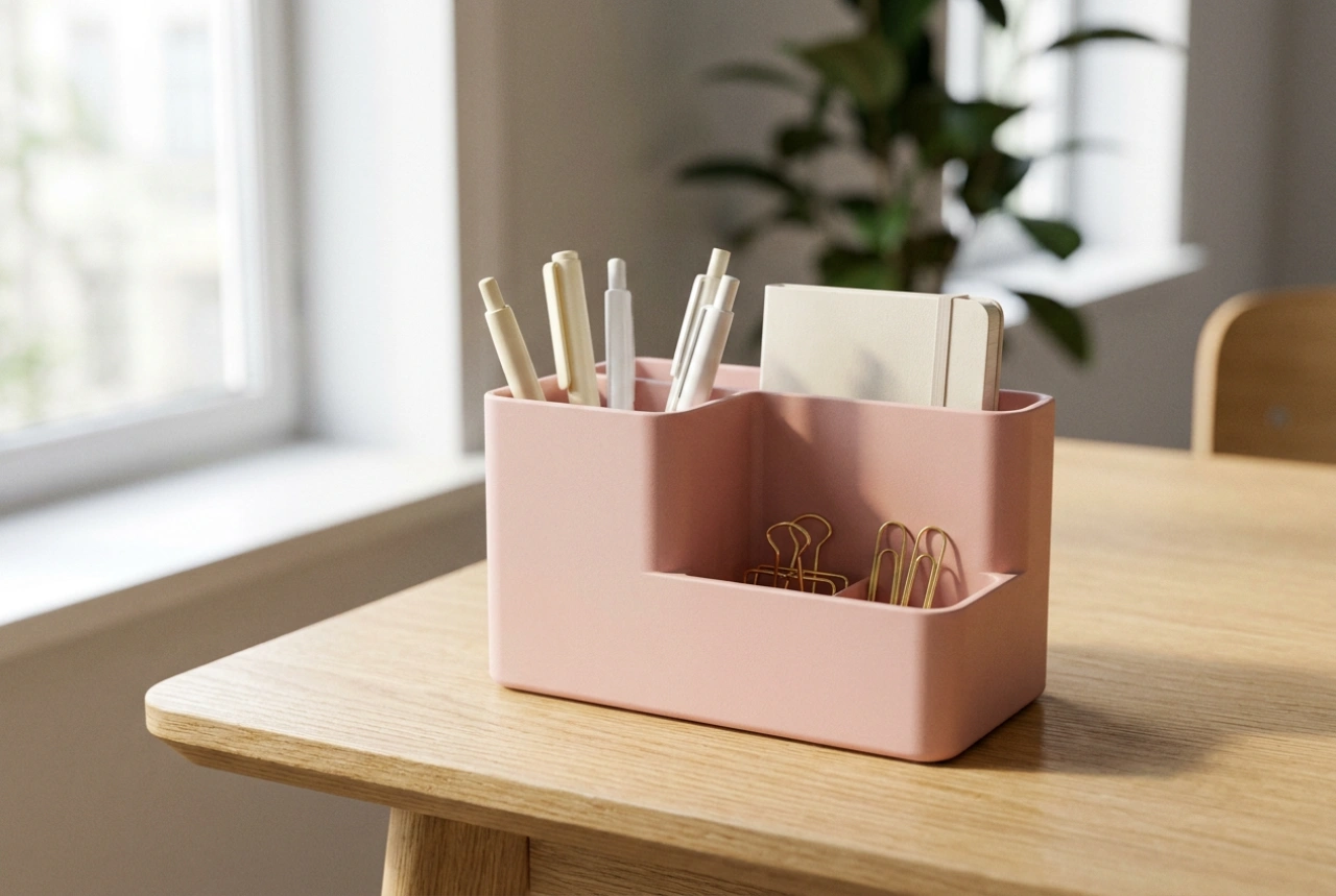 Roze bureau-organizer in een praktisch opruimsysteem