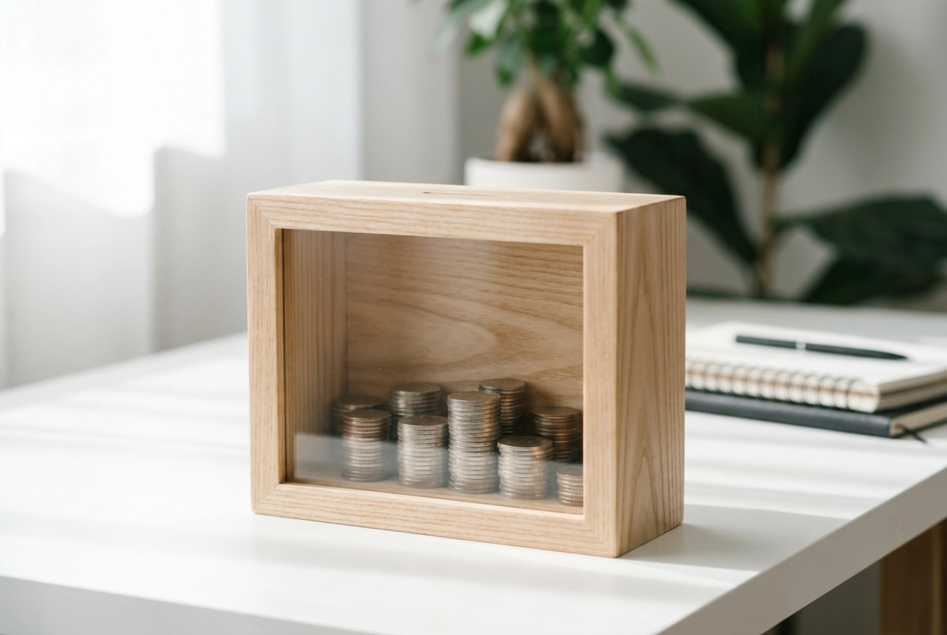 Een houten spaarpot met glasplaat in het huishoudelijke spaarplan