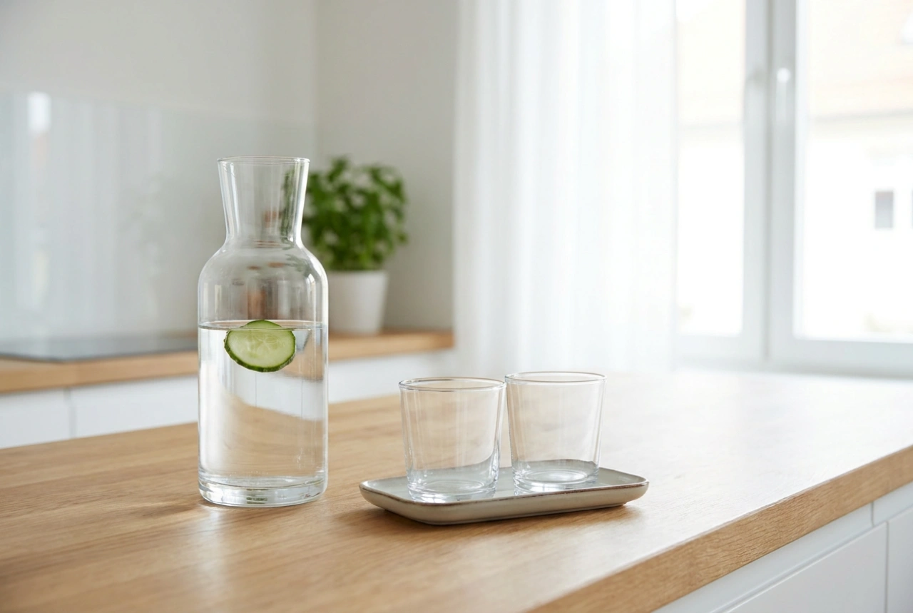 Glazen waterkaraf in een georganiseerde drankenzone