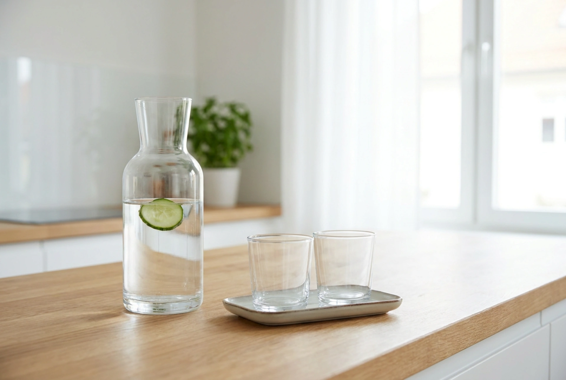 Glazen waterkaraf in een georganiseerde drankenzone