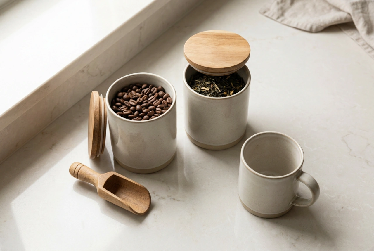 Moderne bewaarblikken voor koffie en thee in een georganiseerde keuken