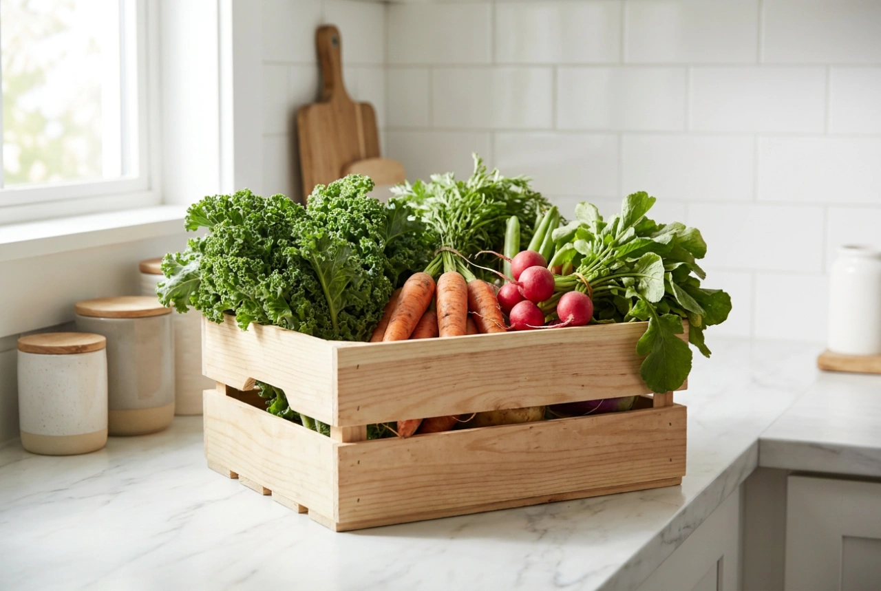 Een houten groentekist optimaal inrichten in de keuken of voorraadkast