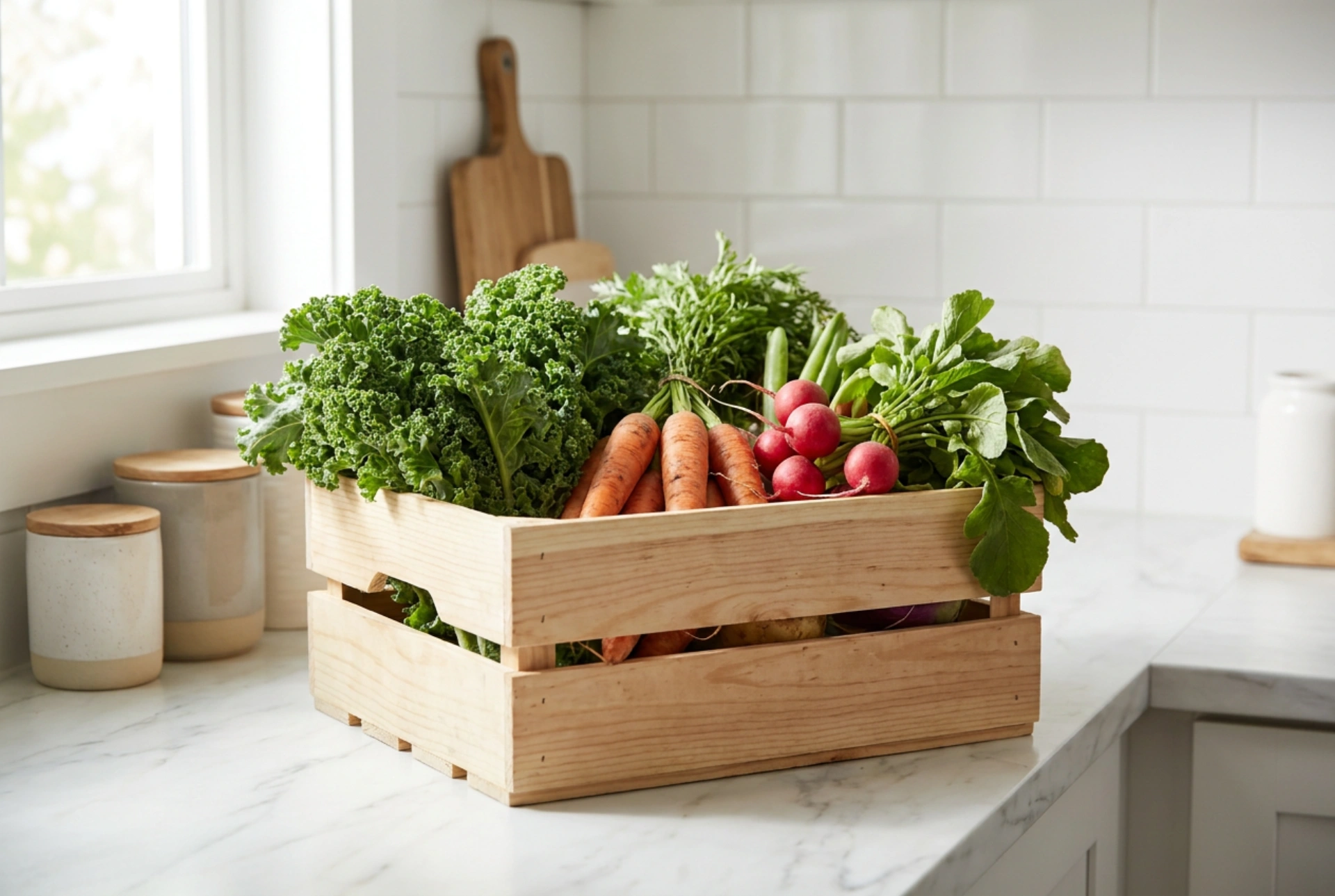 Een houten groentekist optimaal inrichten in de keuken of voorraadkast