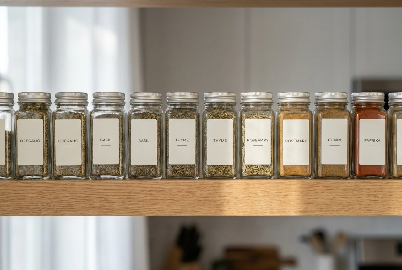 Hoe organiseer je kruidenpotjes met labels perfect in één lijn