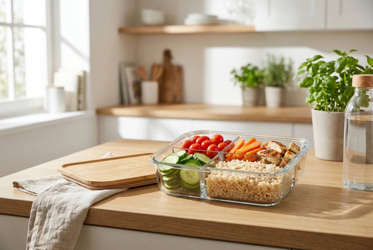 Lunchbox met vakjes voor volwassenen en maaltijdplanning voor het werk