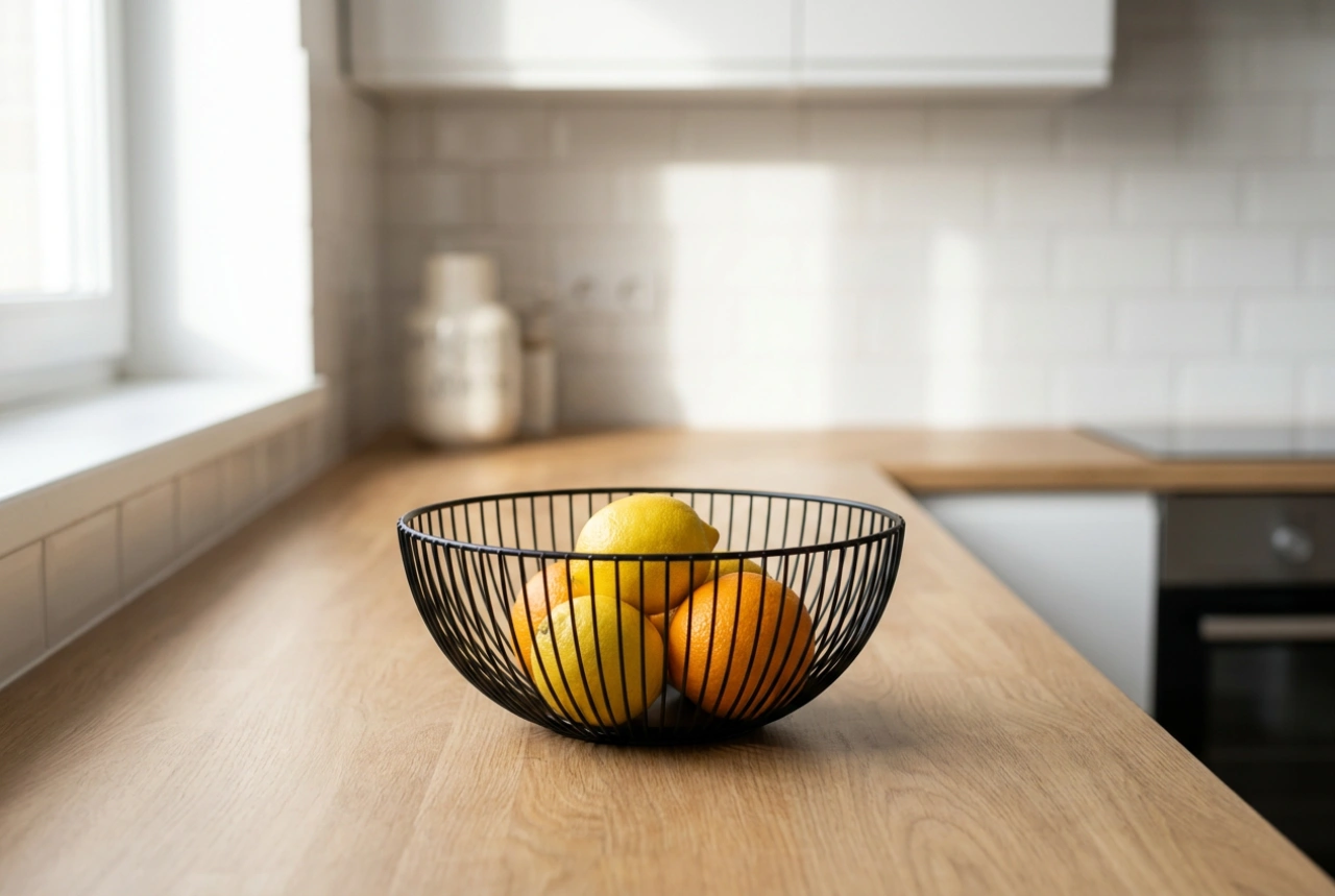 Hoe u een zwarte fruitmand plaatst zonder het aanrecht te herleiden tot chaos