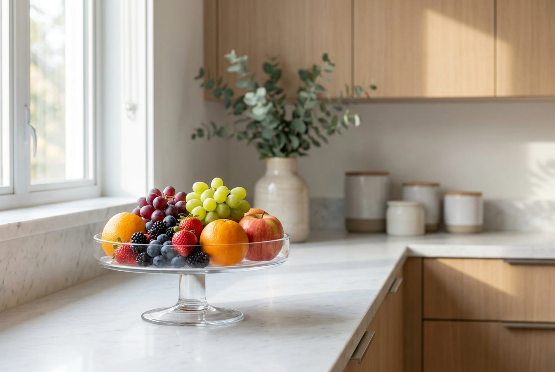 Hoe rangschik je fruit op een glazen etagère zodat het langer vers blijft