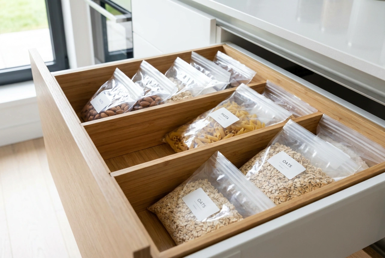 Hoe ritszakjes in de keukenlade labelen en organiseren voor optimaal overzicht