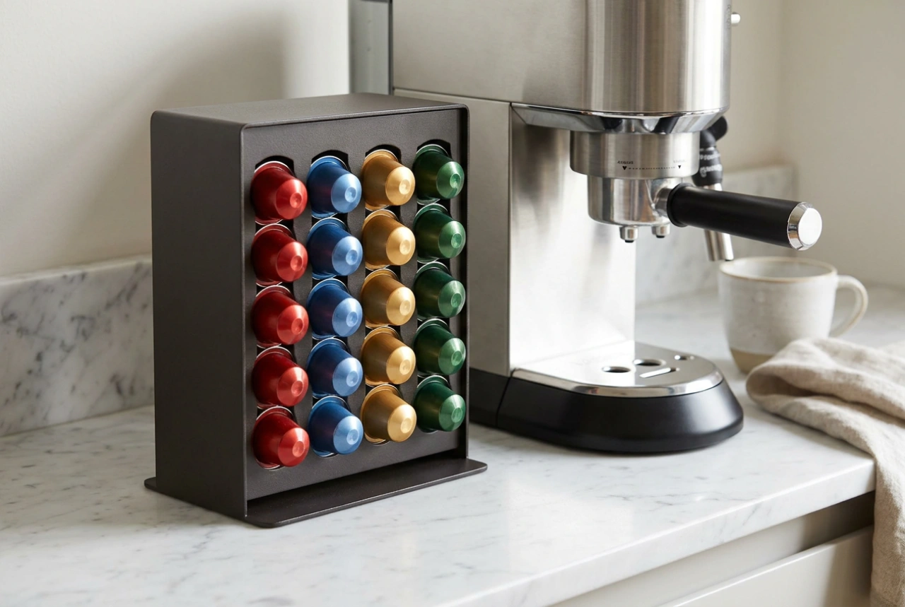 Koffiecups efficiënt organiseren op een houder naast het espressoapparaat