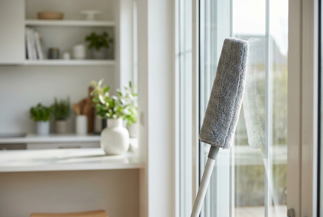 Telescopische ruitenreiniger met sproeier voor het reinigen van hoge ramen