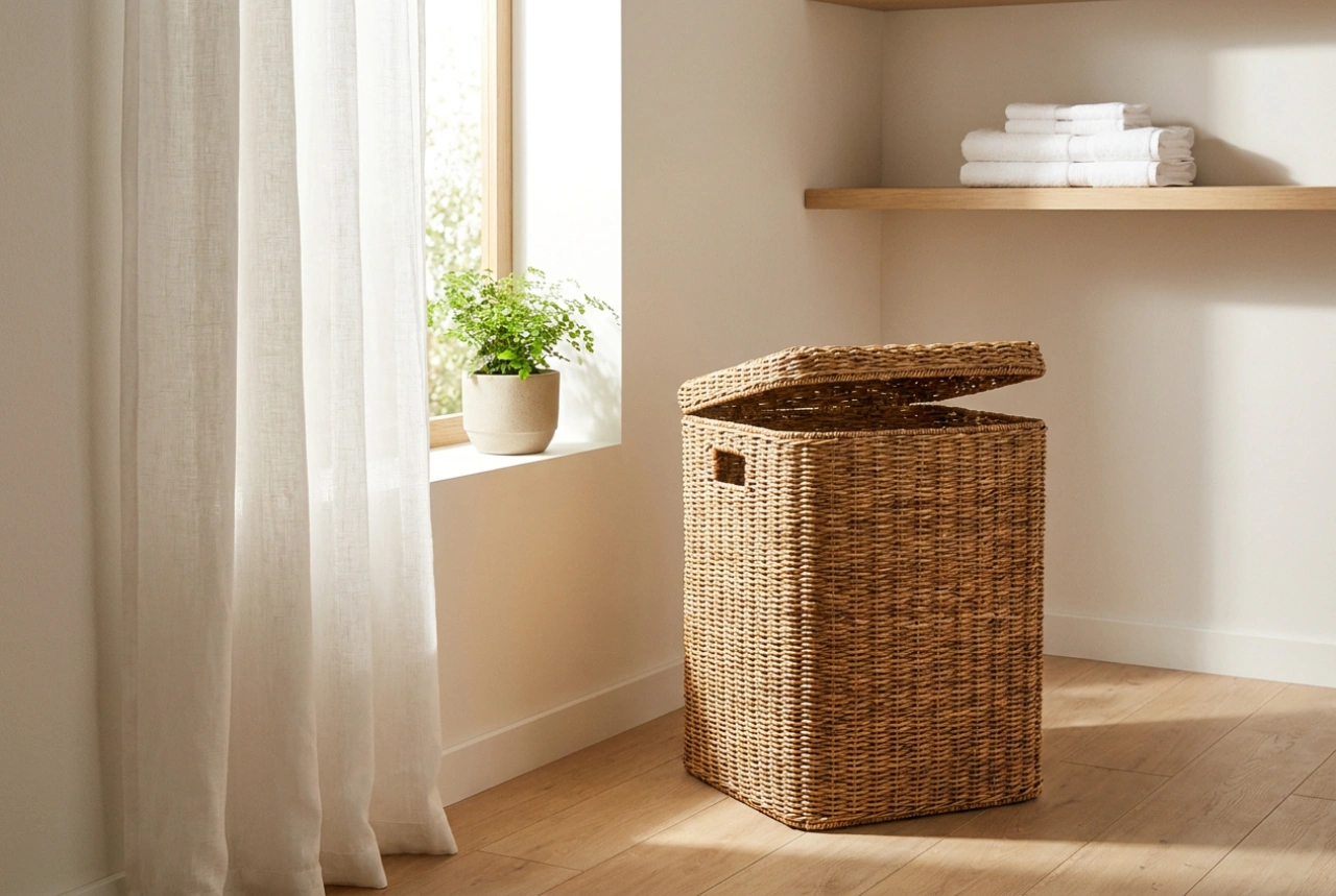Rotan wasmand en een goed geventileerde plek voor vuile was