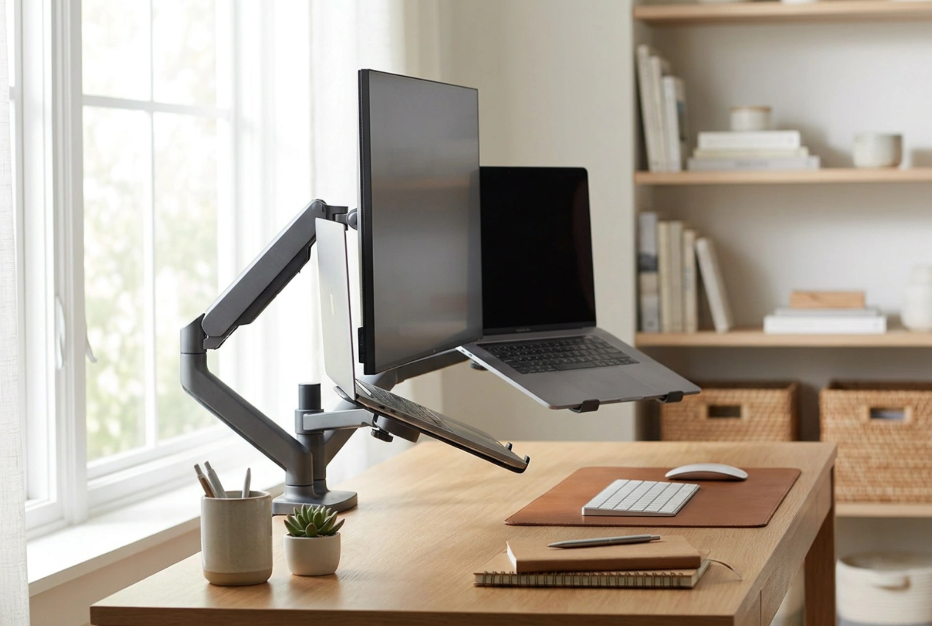 De optimale instelling van een monitor- en laptoparm op uw bureau