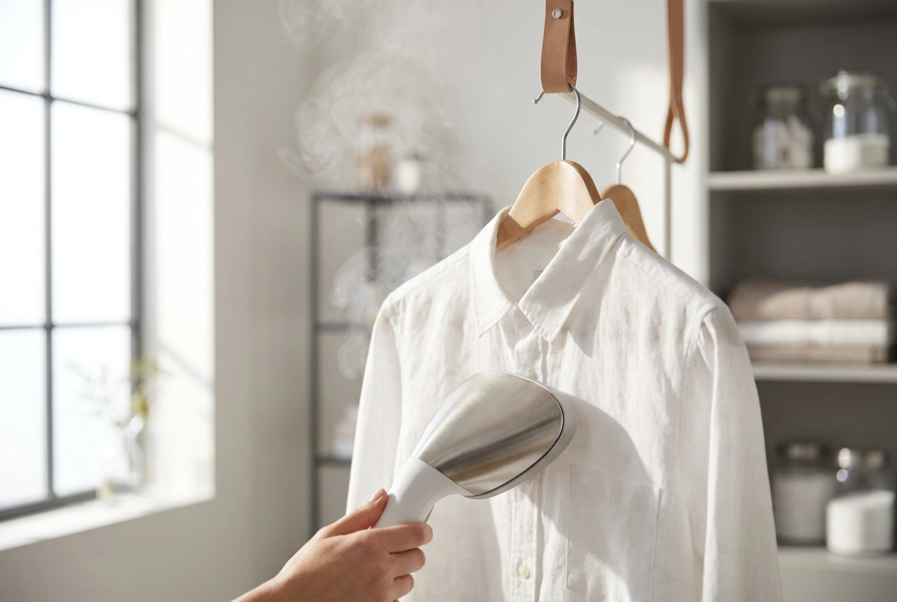 Hoe strijk je kleding glad met een kledingstomer in verticale stand