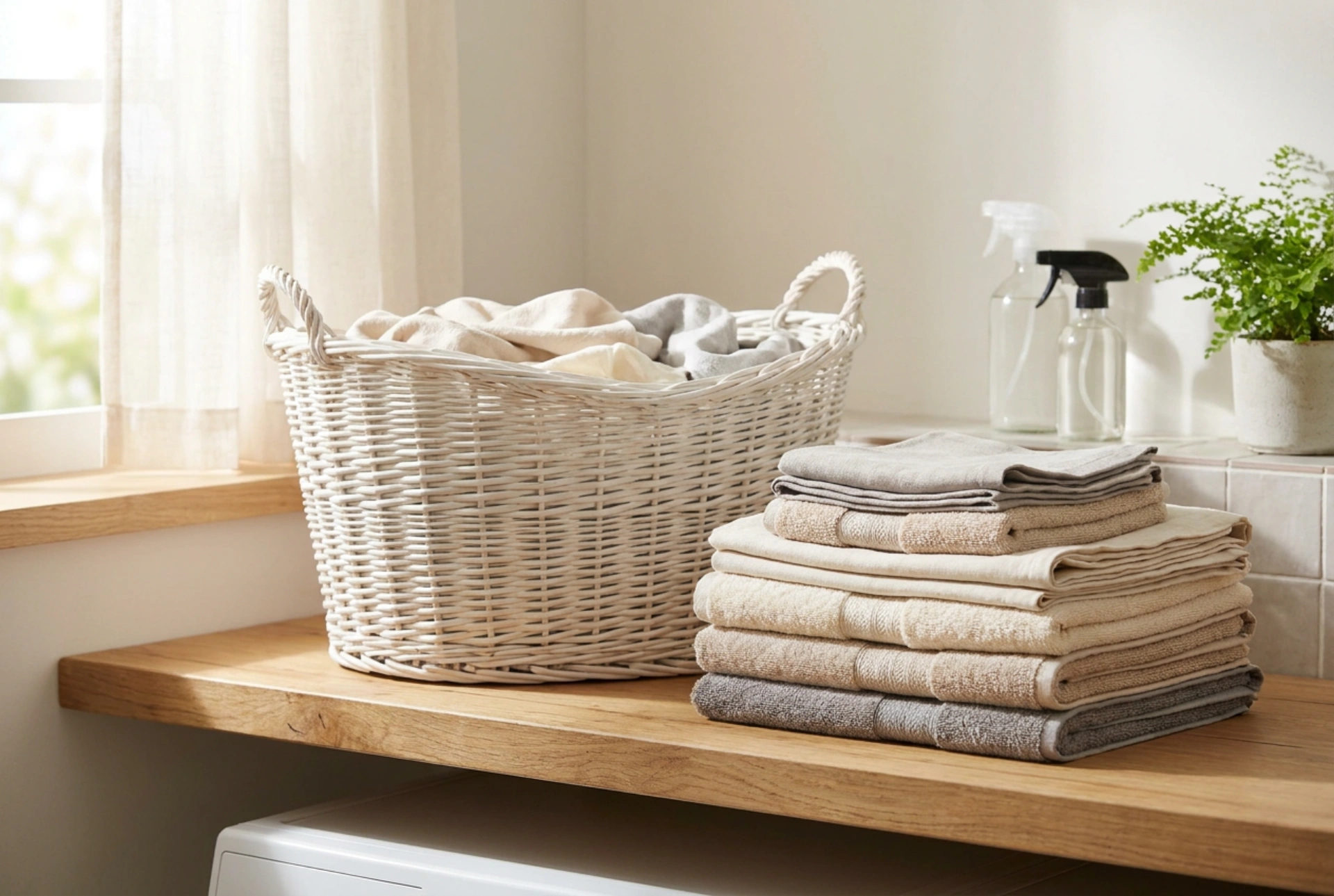 Witte gevlochten wasmand en het eenvoudig sorteren van textiel