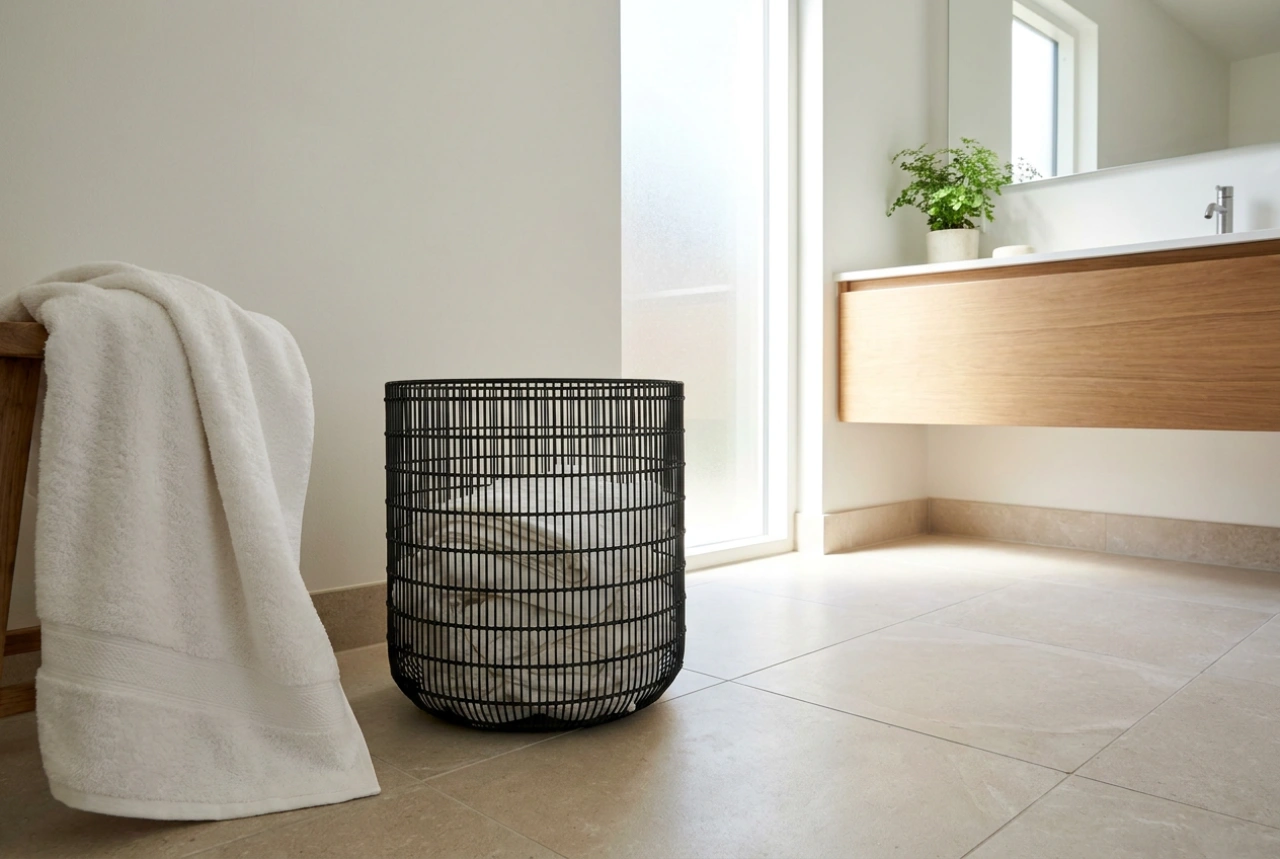 De zwarte wasmand als discreet element voor een geordende badkamer