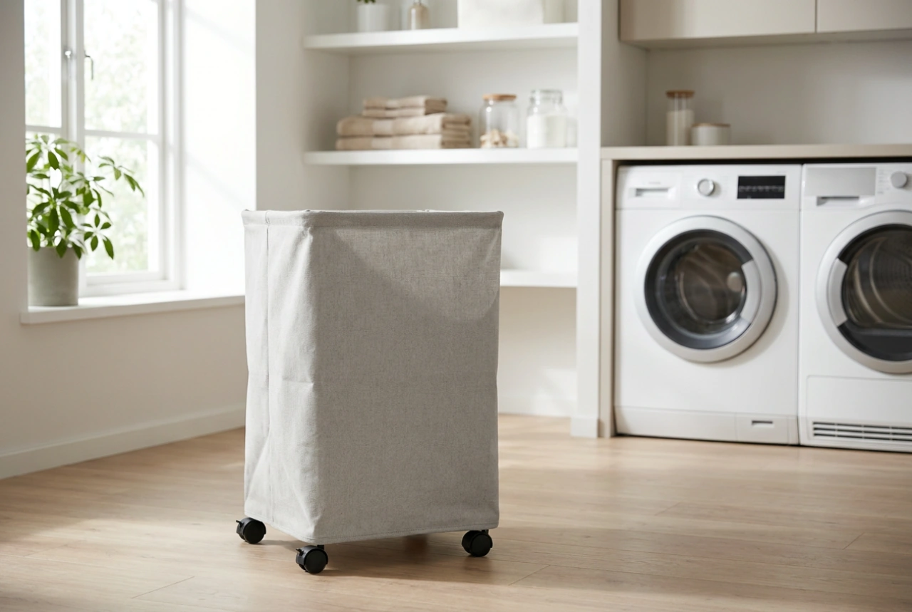 Een wasmand op wieltjes helpt om textiel comfortabel te verplaatsen