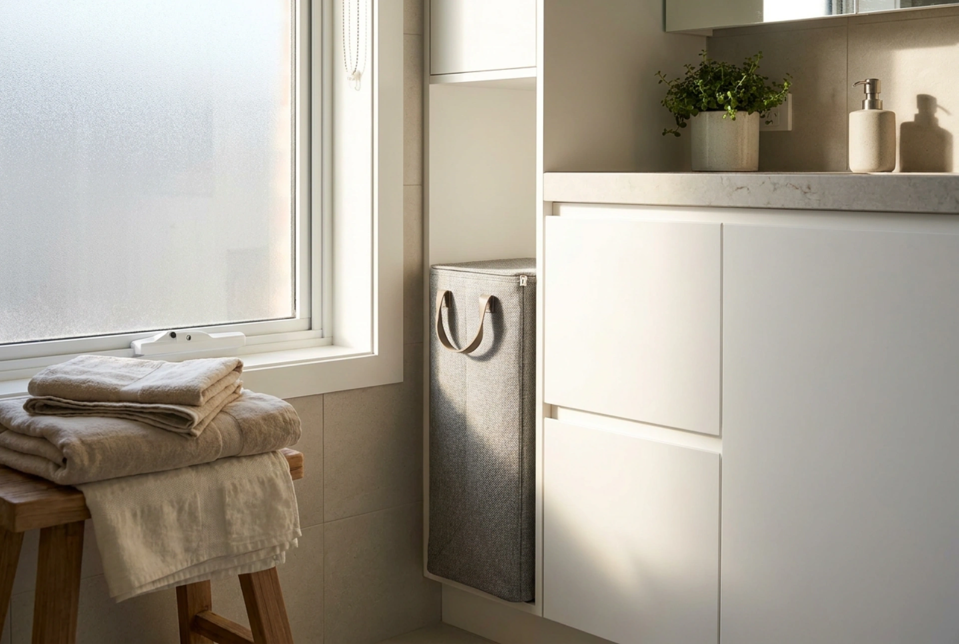 Een smalle wasmand als oplossing voor orde in een kleine badkamer