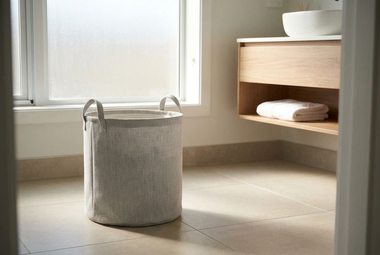 Een grijze wasmand in de badkamer die het interieur niet overheerst