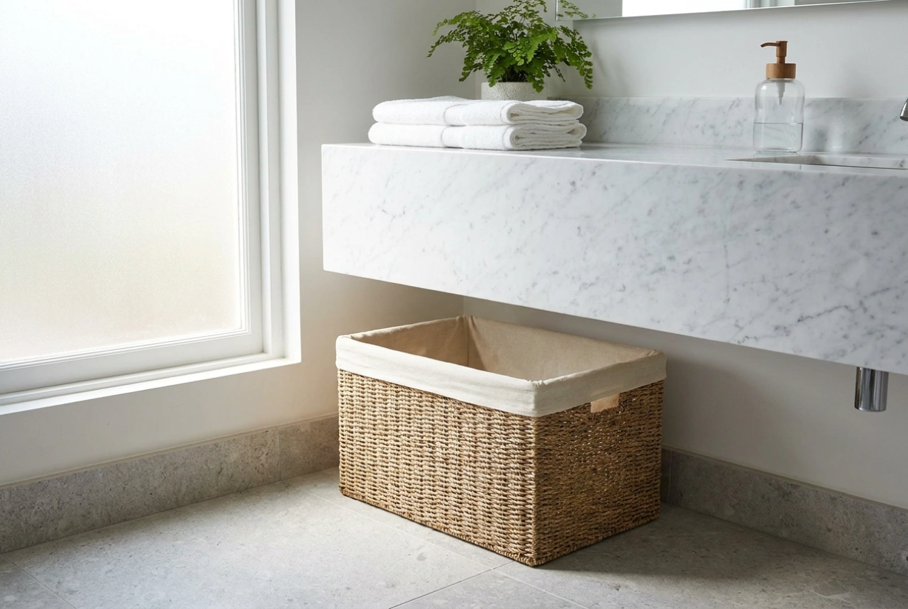 Lage wasmand onder het wastafelblad voor handige toegang tot wasgoed