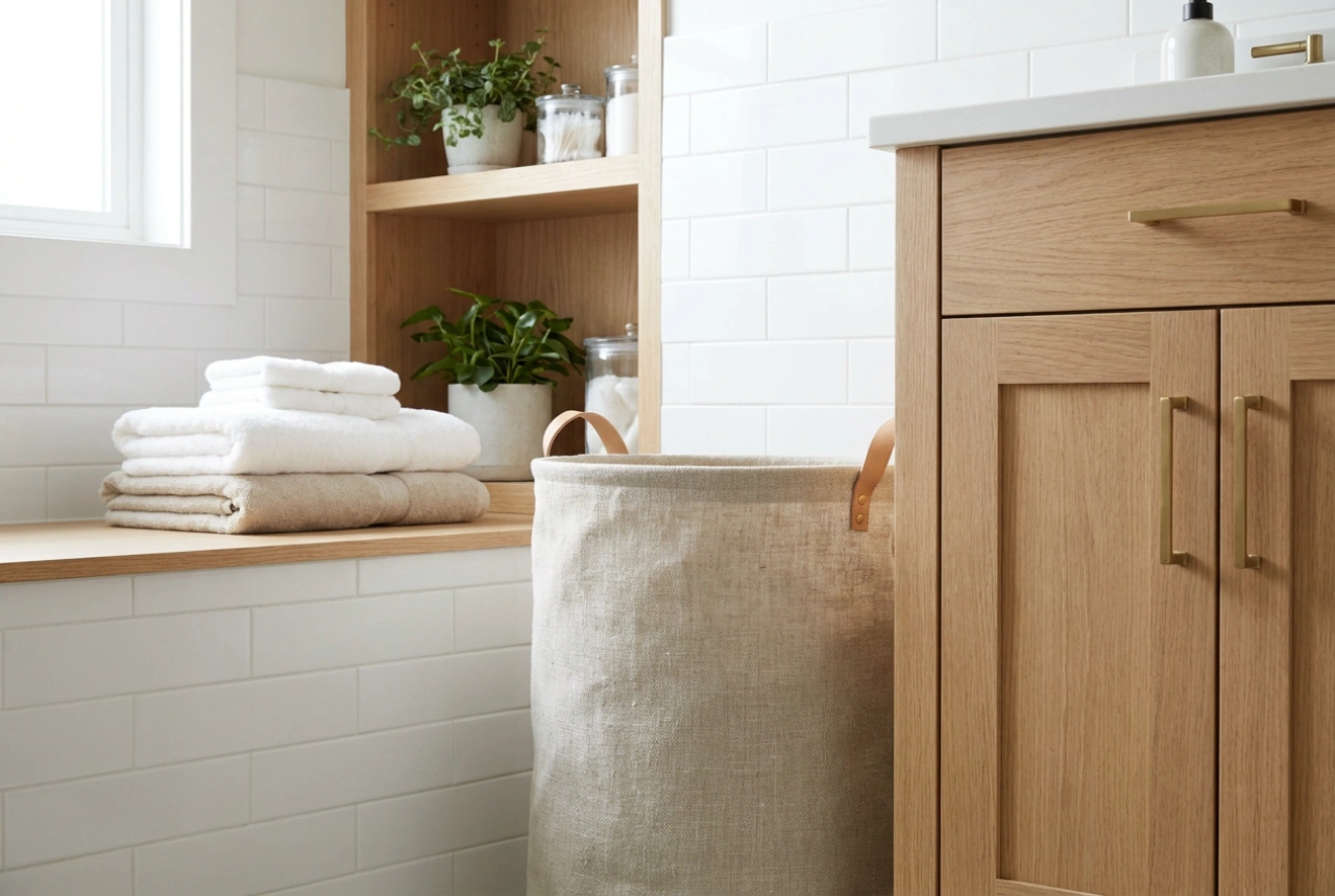 De moderne wasmand in een praktische en harmonieuze badkamer