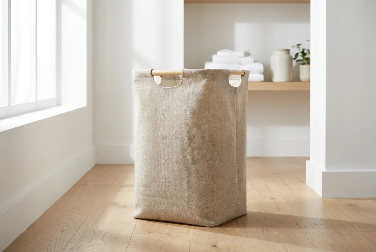 Beige wasmand als rustig accent in de wasruimte