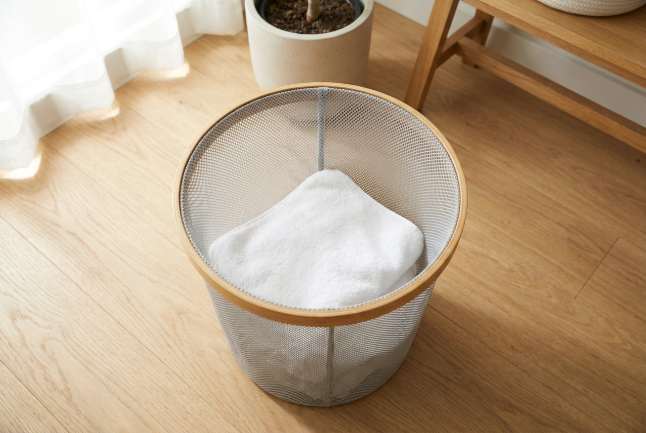 Waar moet een wasmand voor natte was aan voldoen?