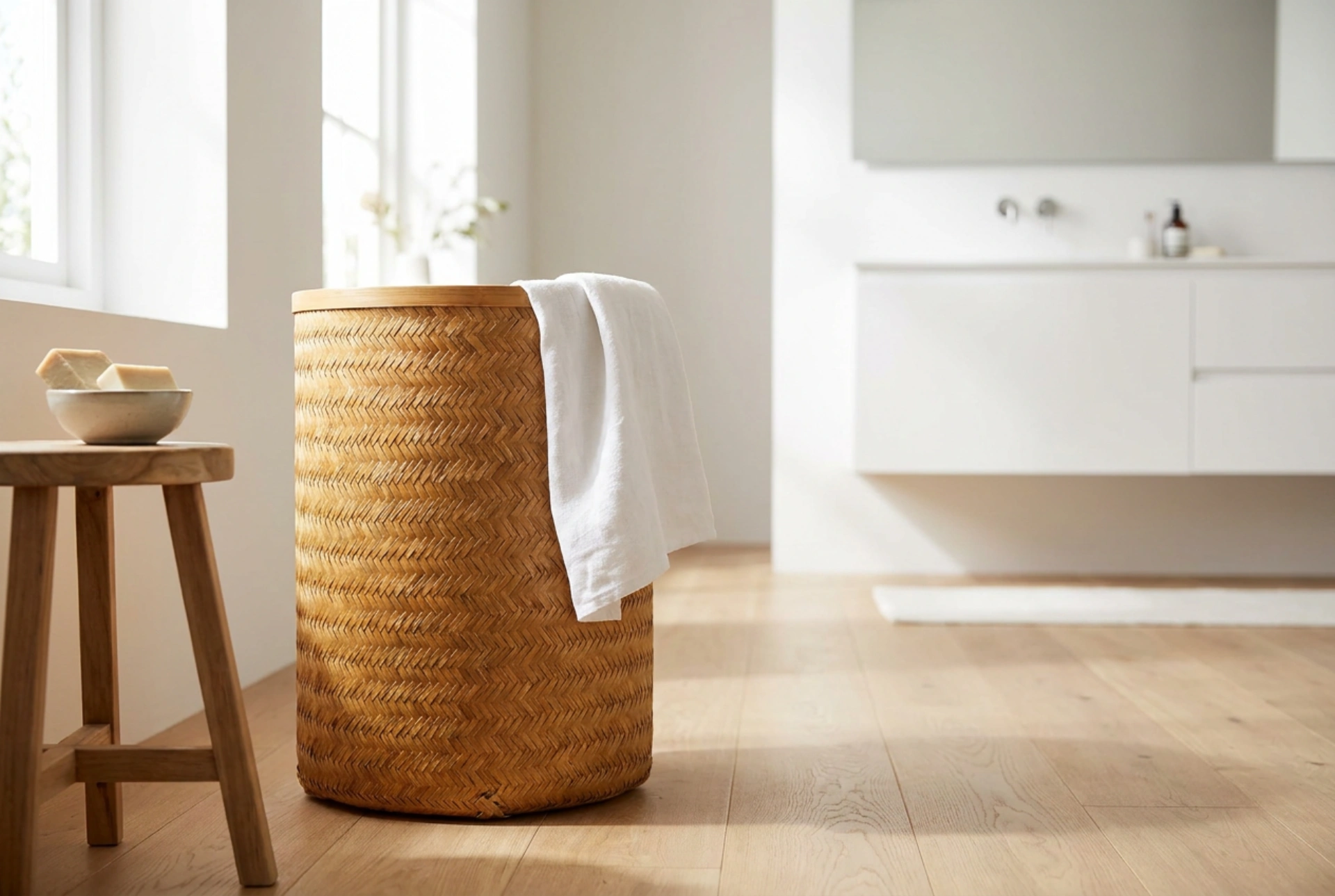 Hoe verzorg je een bamboe wasmand met deksel in de badkamer