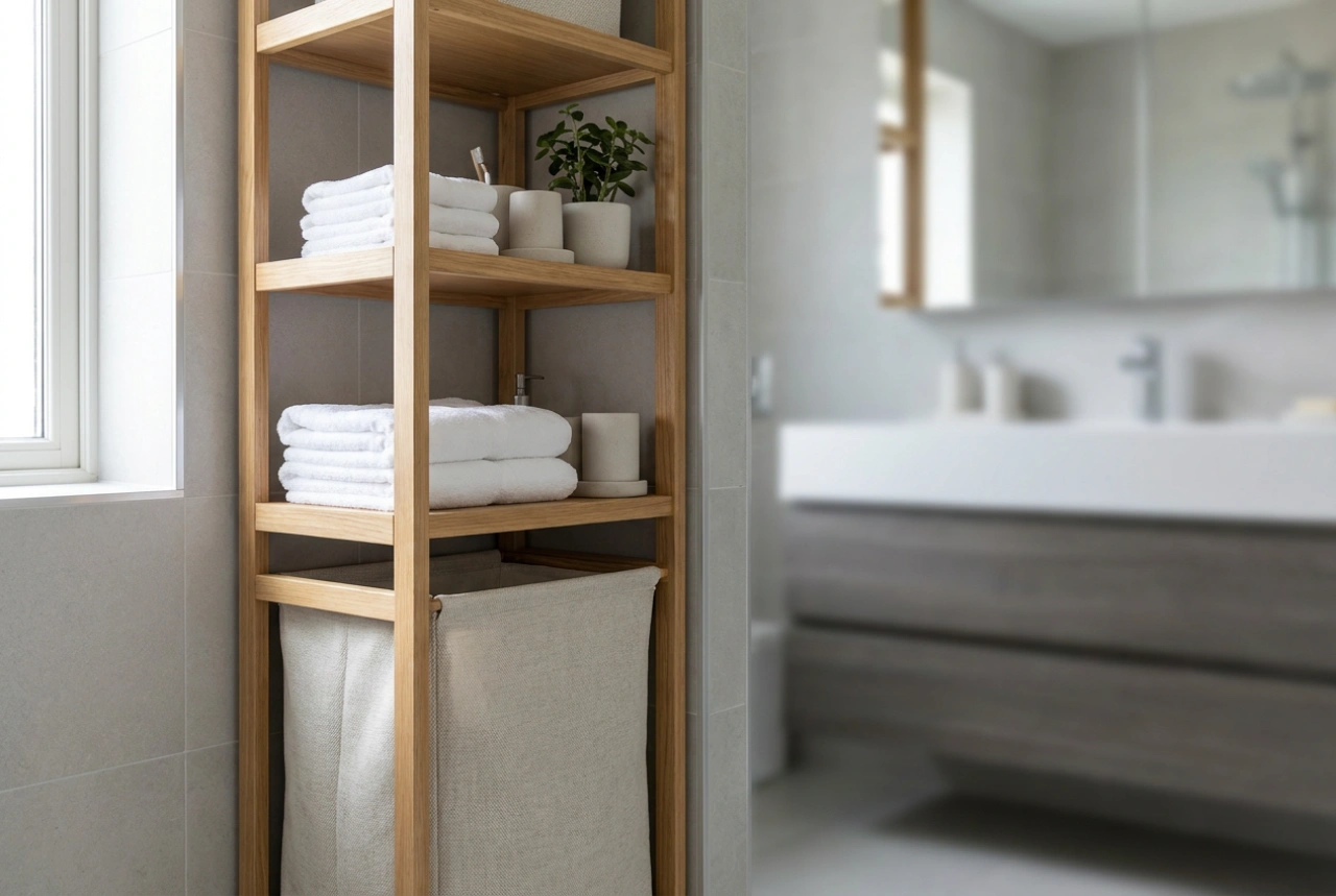 Hoe u een wasmand met planken optimaal benut in de badkamer