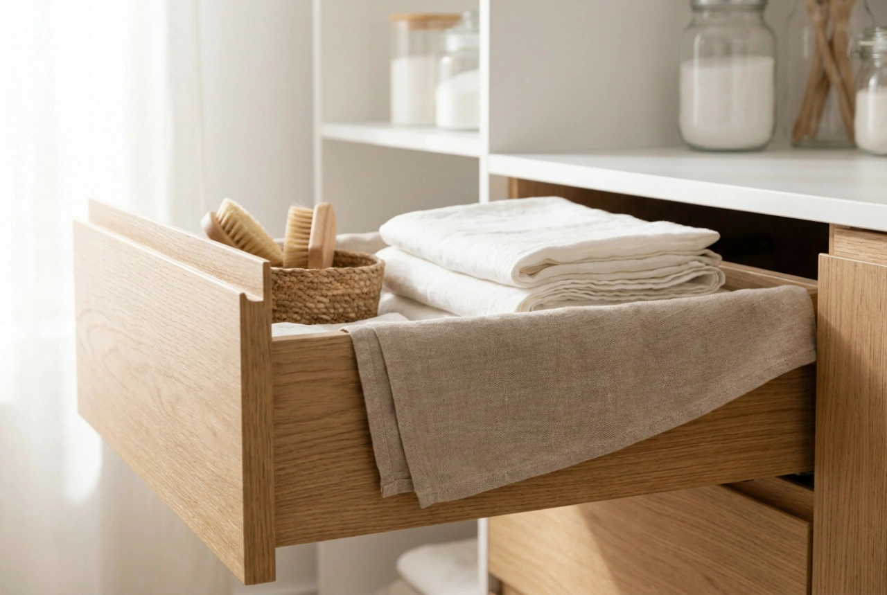 Kasten met wasmand en de regels voor ademende opslag