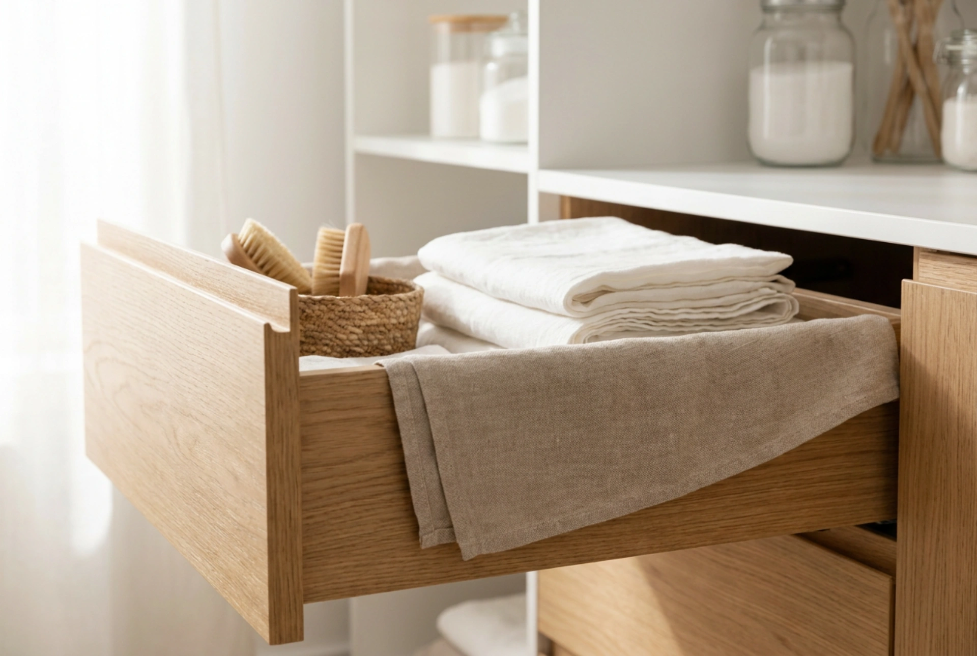 Kasten met wasmand en de regels voor ademende opslag