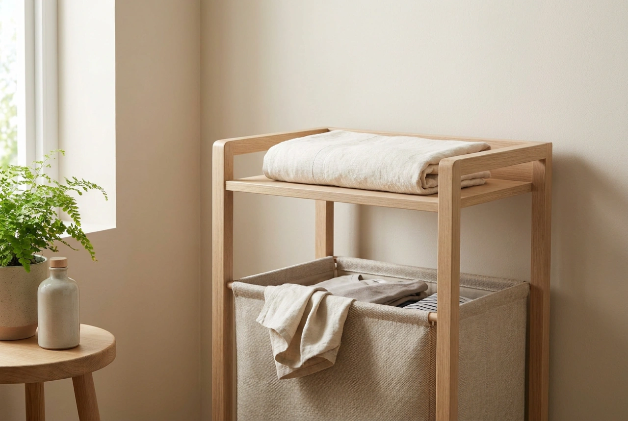 Wasmand met plank als compacte sorteerzone voor kleding