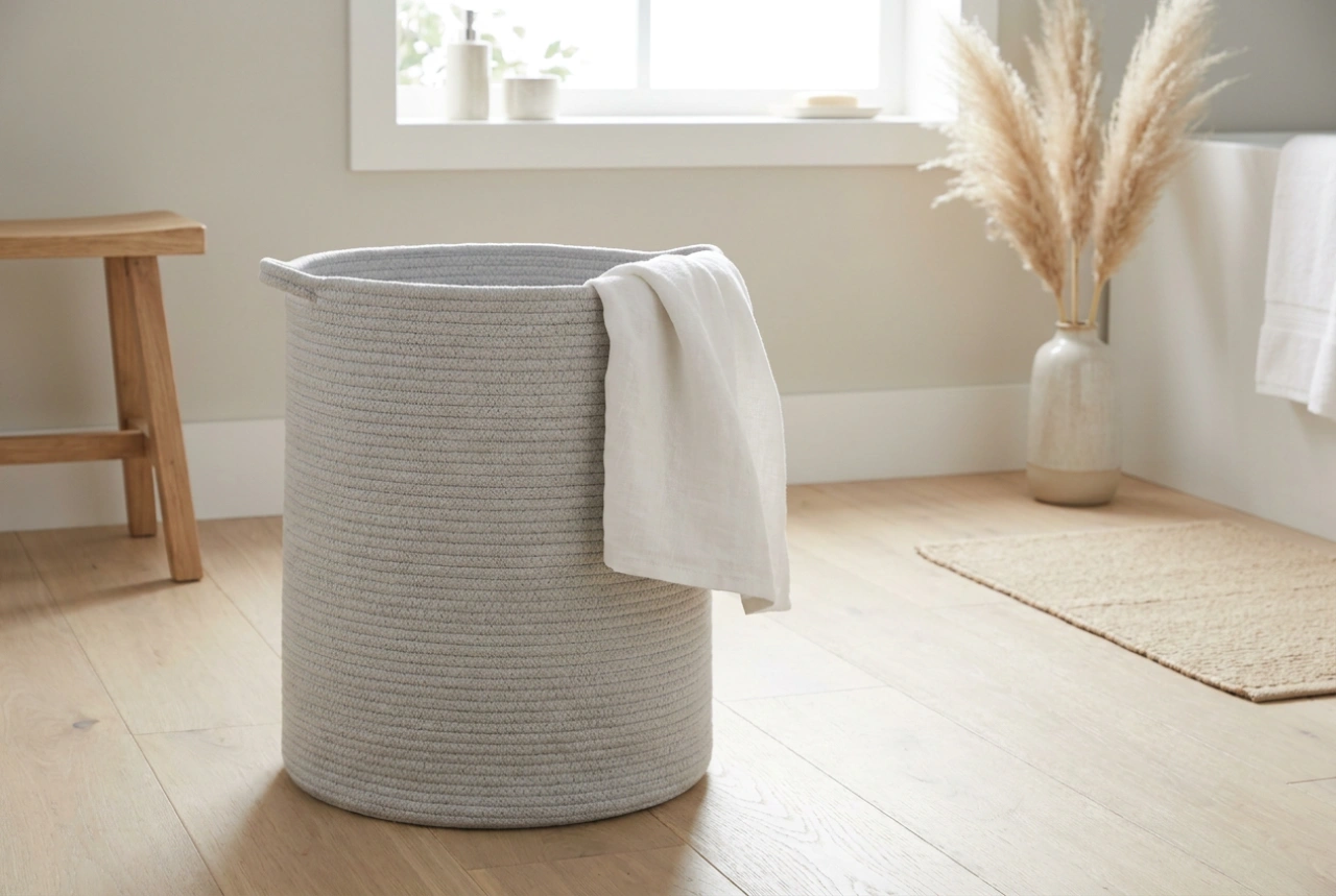 De grijze wasmand als praktisch element voor een georganiseerde badkamer