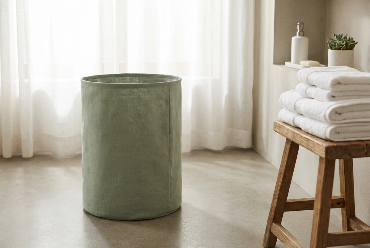 Een groene wasmand in de badkamer en orde zonder compromissen