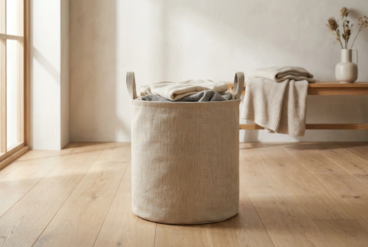 Beige wasmand als basis voor een rustige en gestructureerde wasruimte