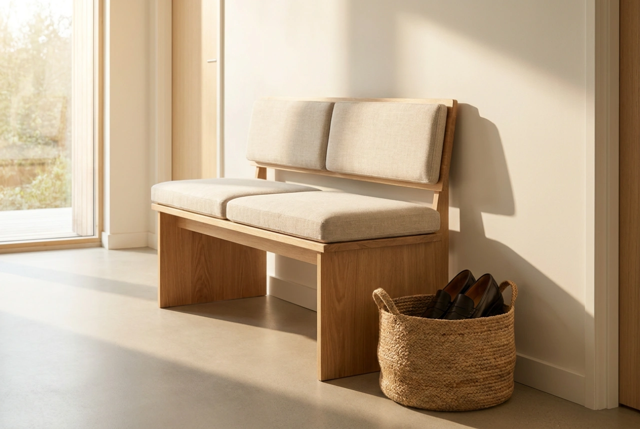 Een functionele garderobe met zitting in de hal: de perfecte overgangszone
