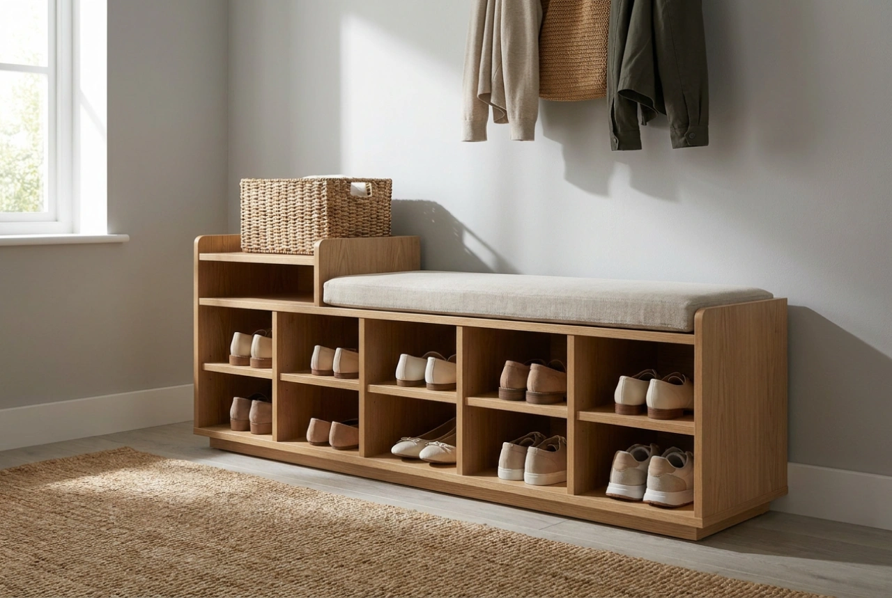 Halkast met zitbank en efficiënte schoenenopslag: Ergonomie en materiaalkeuze