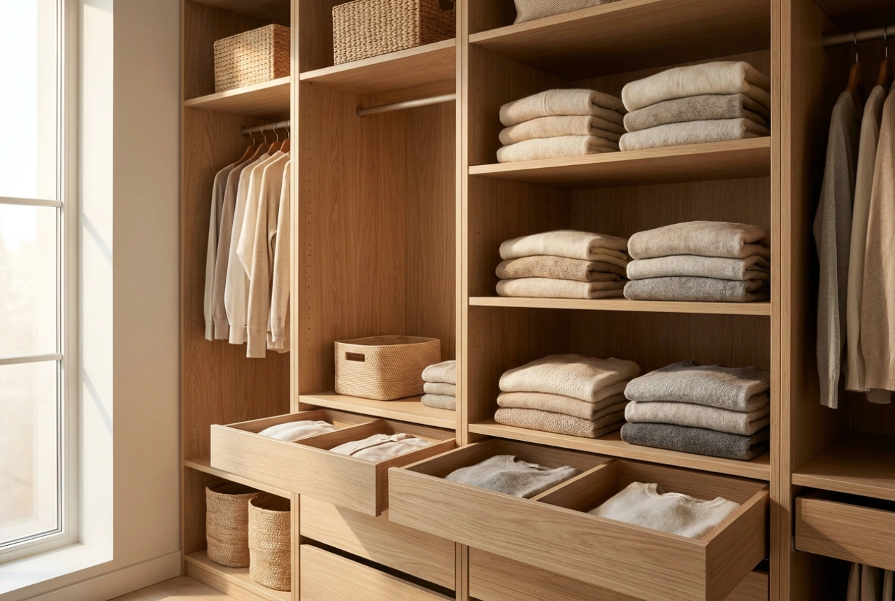 Kledingkast met legplanken, lades en een systeem voor dagelijkse kleding