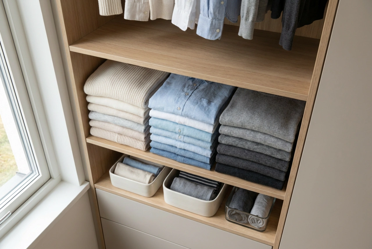 Bewezen methode voor het netjes organiseren van kleding op kastplanken