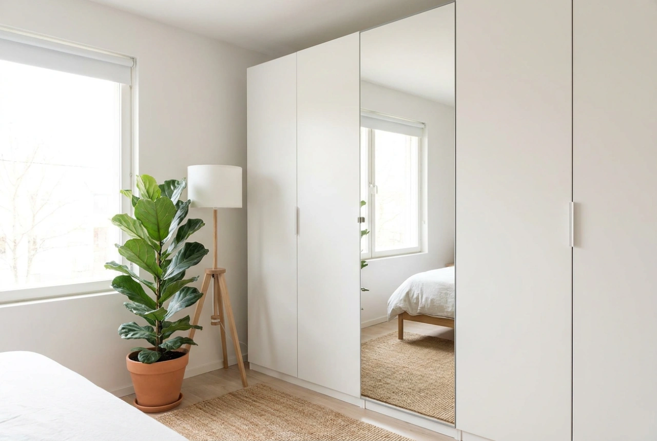 Hoe u een witte hoekkast met spiegel optimaal benut in een kleine slaapkamer